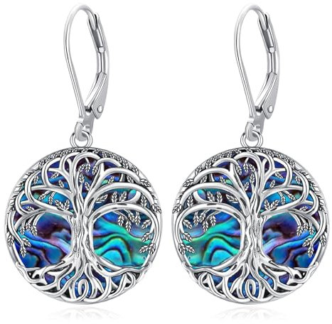 Eusense Boucles d'oreilles arbre de vie Boucles d'oreilles en Argent 925 avec Coquille d'abalone Boucles d'oreilles Pendantes Bijoux Cadeau pour Femmes Filles