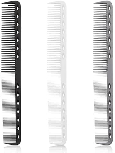 3-Piece Carbon Fiber Salon Hairdressing Comb Set - Fine Cutting Comb for Men & Women - Heat Resistant - Black, Grey, White