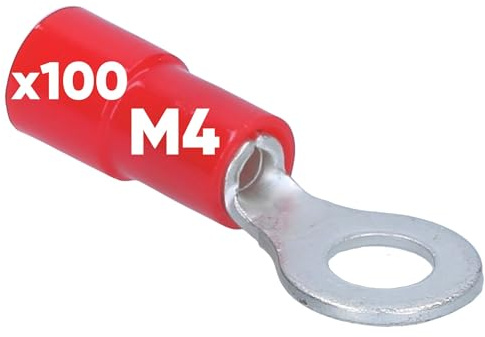 Kalitec 100x Ringkabelschuh M4 Rot - Quetschverbinder 0,5-1,0 mm² Kupfer | Teilisolierter Kabelschuh mit PVC Kragen für sichere elektrische Verbindungen - Passend für KFZ, Hifi und Haus-Elektrik