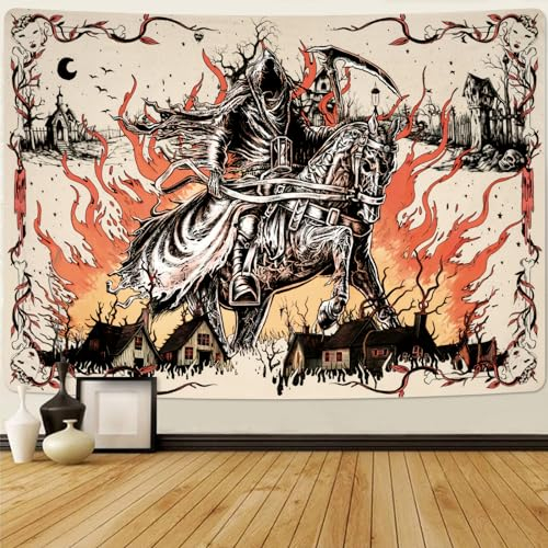 Uspring Mittelalterlicher Ritter-Wandteppich mit Totenkopf- und Flammenmotiven – Goth, Horror Wandbehang für Schlafzimmer – 150,1 x 210,1 cm