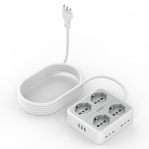 TESSAN Ciabatta Multipresa con 3 USB, Multipresa Elettrica con 4 Schuko e 4 Bivalenti 10A/16A, Ciabatta Elettriche con Interruttore Prolunga Elettrica 5 Metri. Adattatore Prese Elettriche 3680W