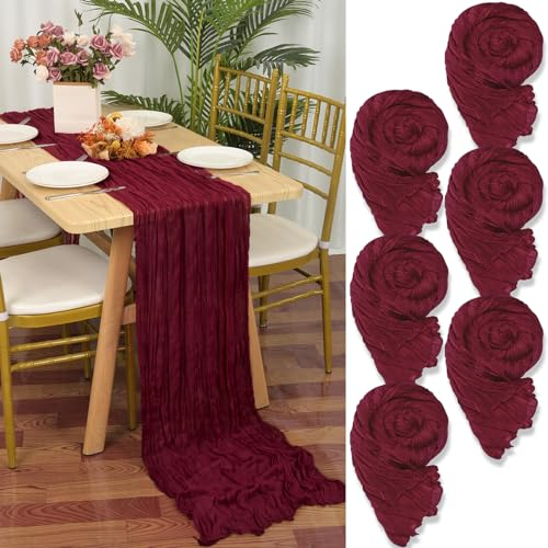 6 Stück Seihtuch Tischläufer Burgunderrot,90 x 300 cm Weinrot Rustikaler Gaze Stoff Boho Tischläufer Käsetuch Cheesecloth Tischläufer Hochzeit Tischdecke für Hochzeitsfeier Brautparty Tischdekoration