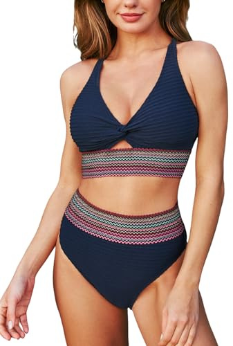 CUPSHE Damen Bikini Set V Ausschnitt Twist Front High Waist Sport | Zweiteiliger Badeanzug Swimsuit, Farbige Wellenmuster, Raffung für Bauchweg, V-Ausschnitt mit Cutout