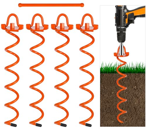 FEED GARDEN 16 Inch Spiral Ground Anchors Kit Heavy Duty Screw in Earth Anchors with Crow Bar, 4 Pack Folding Ring Ground Stakes for Securing Dogs,Tents, Trampolines, Canopies, Swing Sets, Orange