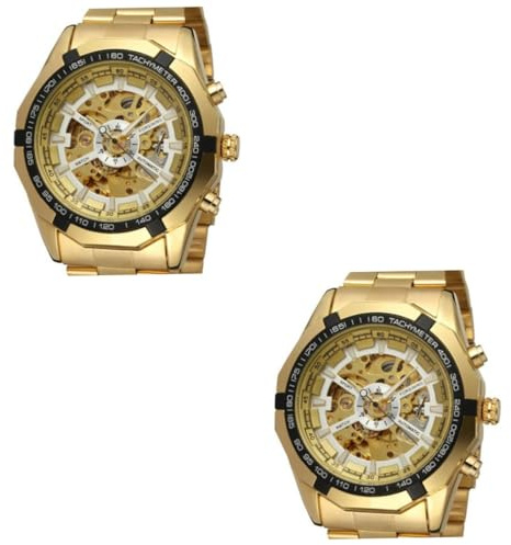 VALICLUD 2pezzi Orologio Meccanico Automatico Da Uomo Con Design Cinturino Acciaio Inossidabile Dorato Movimento Preciso e Funzioni Di Secondo e Non Adatto Per Nuotare Immersioni