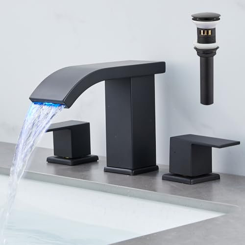 LED Bathroom Faucet 3 Holes 8 Inch Widely Used with Pop Up Drain Black Bathroom Faucet with LED Spout 2 Handles Basin Faucet with Water Inlet Hoses