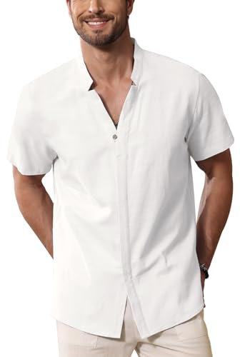 Mens Cotton Linen Henley Shirt Short Sleeve Band Collar Button Down Shirt Summer Beach Tops White L