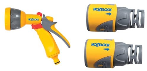 HOZELOCK - Multi-Jet Spray Gun : Ideal for Daily Use, Multi-Tasking Gun & HOZELOCK - Hose Connector Plus ø 12.5mm - 15mm (1/2- 5/8) Soft Touch x2 : Watertight, Non-Slip, Flexible, Long Connect