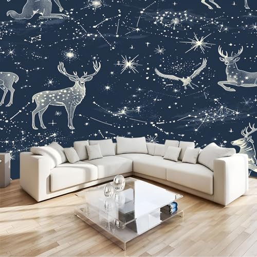 Tapete Fototapete 3d Effekt Galaxie Sika-Hirsch-Sterne 250x175cm Wandbild Wanddeko für Wohnzimmer Schlafzimmer, Blau Vlies Tapeten mit Geruchsfreiheit Wandposter Wandkunst