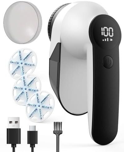 Kaskawise Elektrischer Fusselrasierer mit LED-Anzeige,USB Wiederaufladbar – 6-Blatt-Klingen,Einstellbare 3-Fach Geschwindigkeit,2000mAh,Extra Großer Fusselbehälter für Verschiedene Stoffe(Weiß)