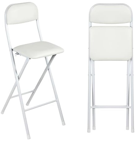 Sgabello Alto Pieghevole Imbottito 65cm con Schienale, Sedia da Bar Richiudibile 70cm con Poggiapiedi per Cucina, Ufficio, Negozio(White,65cm/26in)