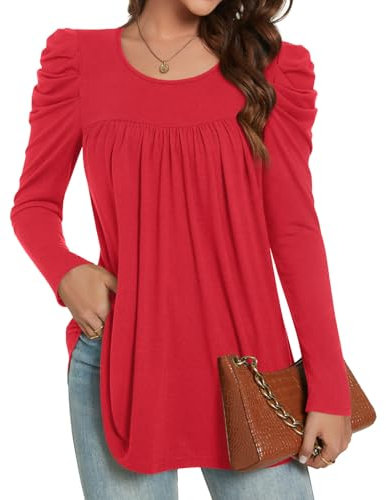 Anydeer Women Tops Casual T-Shirt Long Puff Sleeve Blouses Pleated Fall Basic Tunic Loose Pullover, 2XL, Red
