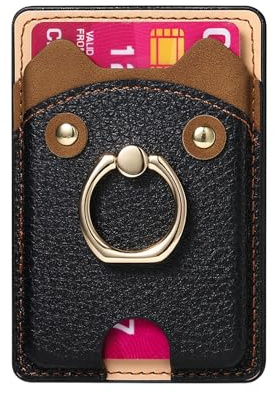 COQUE Porte-Cartes à Motif d'ours Litchi avec Anneau de Support, adapté aux séries iPhone 15/14/13/12,Portefeuille Universel en Cuir pour téléphone, Porte-Cartes pouvant contenir 5 Cartes-Noir