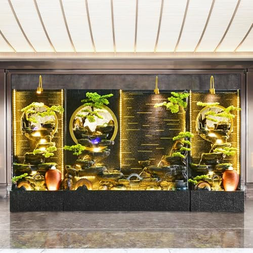 Home Decorative Fountain 6.72 Ft Tall Elegant Indoor Water Fountain With LED Lights, Mist Maker, And Simulated Bonsai Trees ,large Waterfall Feature Rockery ,For Hotel Entrance Decoration(2645+2650+26