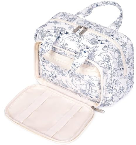 Kulturtasche Damen Gross & Kosmetiktasche Groß, Waschtasche Damen Make up Tasche für Herren & Volle Größe Kulturbeutel für Kinder (Dunkelblaue Blumen)
