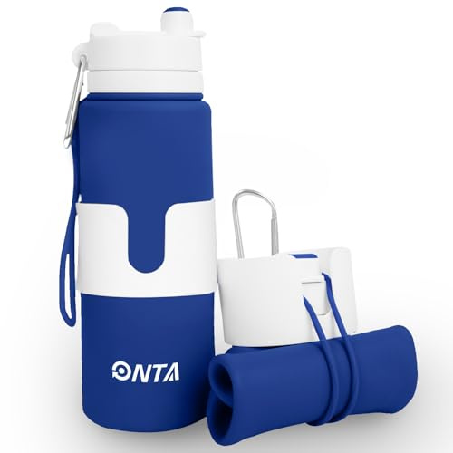 ONTA Collapsible Water Bottle - 750ml Silicone Portable Leak Proof BPA-Free Collapsible Sports Bottle for Travel and Gym - Removable Cup Sleeve(Blue)