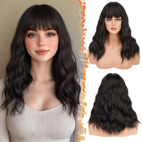 BARSDAR Mittel Lange 46cm Gewellt Dunkel Braun Perücke mit Pony, Perücke Braun mit Pony für Frauen Hitzebeständig Lockige Synthetisches Schulterlange Perücke Cosplay Party - Dunkel Braun