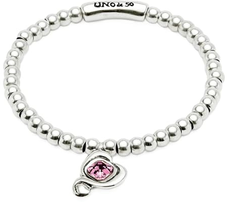 Uno de 50 | Kugelarmband | Metalllegierung | versilbert mit Sterlingsilber | Rosa Herz mit Kristall | Handgefertigt in Spanien | Mediano, Sterling-Silber, Kein Edelstein