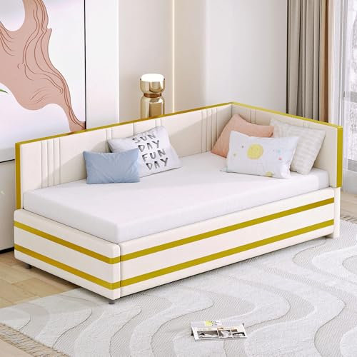 MQGPM Polsterbett Tagesbett 90x200 cm mit Lattenrost und Rückenlehne, L-förmiger Sofabett, Bettgestell aus Samtstoff, Jugendbett Gästebett, ohne Matratze, Beige