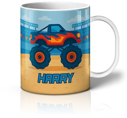 iCaseDesigner Personalised Children's Mug - Unbreakable Lightweight Polymer - Add Your Own Name - Vehicle Theme - Monster Truck