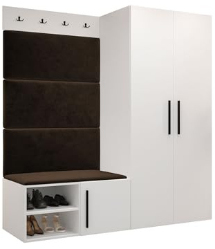 Mirjan24 Garderoben-Set Mapreni I, Schuhschrank + Kleiderhakenbrett + Kleiderschrank Gepolstertes Paneel/Wandpaneel Kleiderhaken Flurgarderobe Wandgarderobe (Weiß, Manila 04)