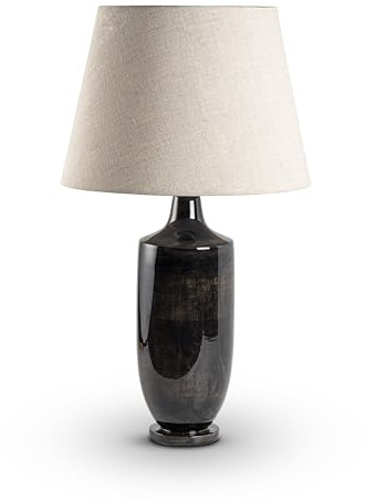 Elm home and garden Living Room Bedroom Bedside Table Lamp Large Black Brown Wash Enamel Wooden Fabric Shade Office, Nightstand, Entryway Lighting Decor Round 73cm High x 40cm Wide x 40cm Deep