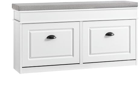 SoBuy Shoe Storage Bench with Seat Cushion - 2 Flip-Drawer, Hallway Shoe Rack Organizer for Entrance, Bedroom and Indoor Use, White Vintage Wood Grain Effect, W104×D24×H54cm, FSR64-WG