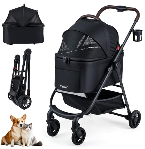 COSTWAY 3 in 1 Hundewagen, Hundebuggy mit verstellbarem Netzdach & Korb & Getränkehalter, Haustiere Buggy bis 15 kg, Hundebox Transporttasche klappbar, für Hunde Katzen Haustiere, Metall (Schwarz)