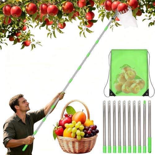 4.2M Obstpflücker mit Teleskopstiel, Baumwollbeutel Teleskop Apfelpflücker | Edelstahl Verbindungsstange Leichter, Durchmesser 16cm Einfach Montieren Obstgreifer für Kirschenpflücker Pflaumenpflücker(A)