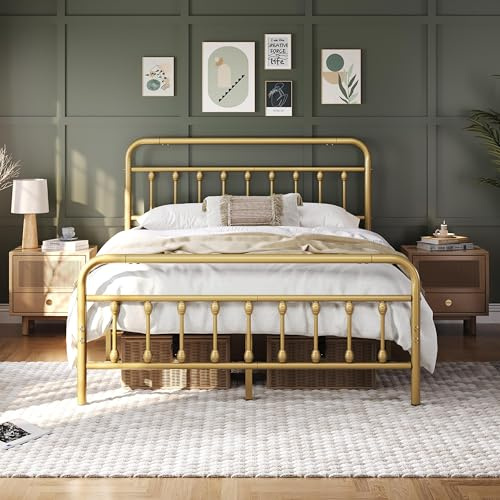 Yaheetech 5ft King Vintage Iron Metal Bed Frame Platform Antique Gold | High Headboard & Footboard, Underbed Storage, Sturdy Frame, Easy Assembly, Suitable for Bedroom Dorm Guest Room