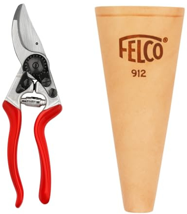 FELCO 2-teilig: Bypass-Gartenschere 8 + Konische Leder-Gürteltasche 912, Rechtshänder, Große Hand, 25mm, Abgewinkelter Kopf