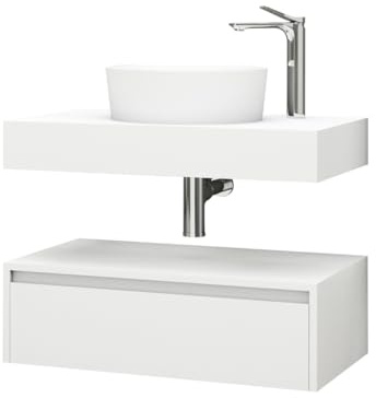 Belvit Linuva Waschtischunterschrank, 80 x 50 cm, MDF Badmöbel mit Schublade und Ablage, hängend, Waschbeckenunterschrank für Badezimmer, Unterschrank für Waschbecken, Matt Weiß