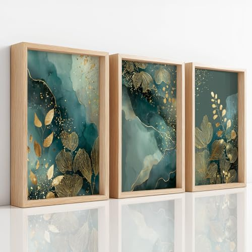 Generisch Botanical Luxury Leinwandbild Groß 30 x 40 cm - Dekoration Wohnzimmer Bilder Aufhängen Wohnzimmer Wohnungs Deko Wandbilder Bild, Dunkles Petrol Gold Blatt Marmor-Optik Gold