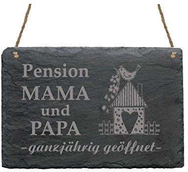 Schiefertafel Pension Mama und Papa ganzjährig geöffnet - Schild mit Motiv Vogelhaus Herz