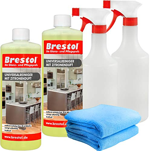 FETTLÖSER Zitrone SET2 (2x 1000 ml + Zubehör) - Konzentrat Öl Ruß Nikotinentferner Allzweckreiniger - Poolreiniger Küchenreiniger Reinigungskonzentrat