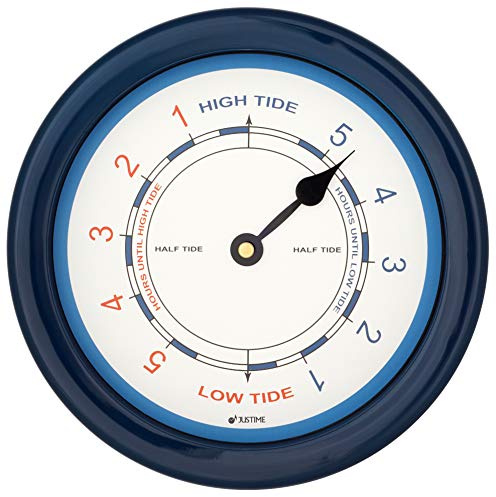 JUSTIME Tide Clock, 21.6 cm (8.5 Inch) Tidal Wall Clock with Water-Resistant Plastic Case, Colourful High & Low Tide Coastal Home Décor for UK & Atlantic Coastlines (TT019 Blue)