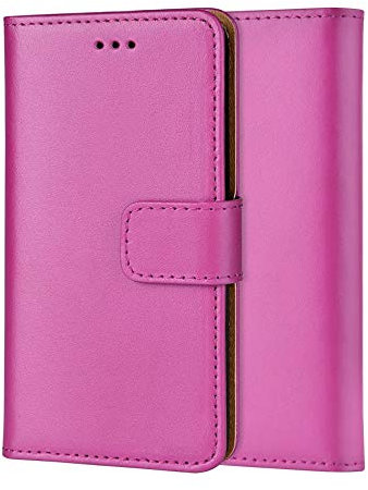 ameego MK-209 Premium Genuine iPhone 5/5S/SE Real Leather Flip Wallet Magnetic Kickstand Slim Book Case with Card Slot (Hot Pink)