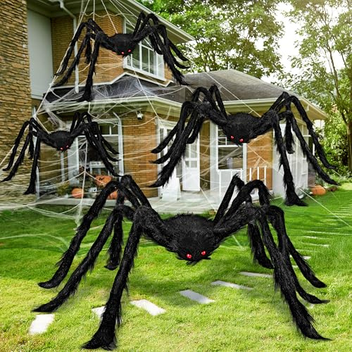 JOYIN 4 Packs Halloween Outdoor Decorations Spider Set, Scary Large Spiders for Halloween Decor Outside, Indoor Party Decor Haunted House Prop, Yard Lawn Garden Decoration, Black (60 36 24 24)