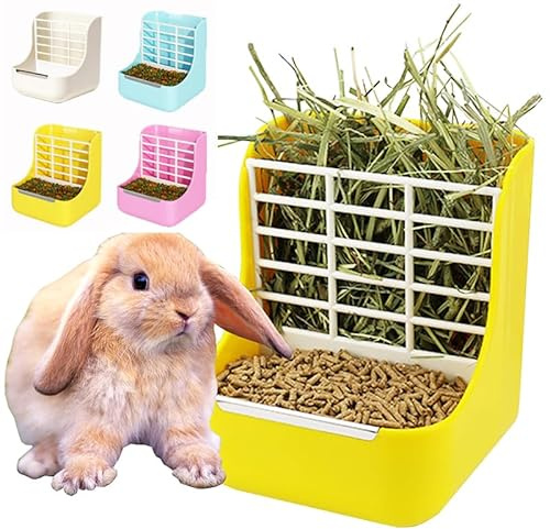MINGZE Hay Lebensmittel Bin für Kaninchen, Chinchillas, Große Meerschweinchen, Hängendes Heu und Futter 2-in-1-Zuführung (Gelb)