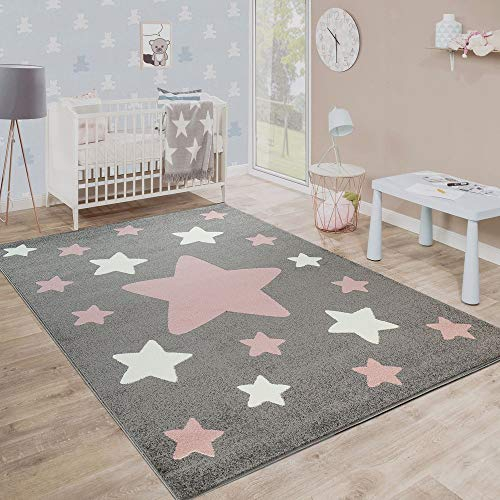Paco Home Kinderteppich, Moderner Kinderzimmer Teppich in Pastell Farben m.Stern Motiven, Grösse:80x150 cm, Farbe:Grau