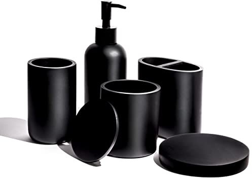 Premium 5-teiliges mattschwarzes Badezimmer-Zubehör-Set komplett. Schwarzes Badezimmer-Dekor-Sets. Mattschwarzes Badezimmer-Zubehör-Set Schwarz. Schwarzes Badezimmer-Set Schwarz Schwarz und Weiß