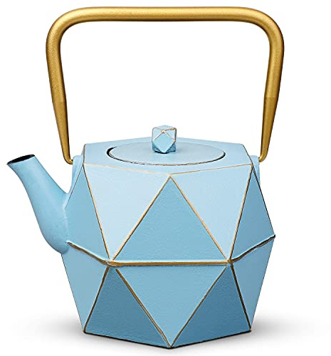 Toptier Gusseisen Teekanne, herdofenfest Japanischer Gusseisen Teekessel Diamant Design Teekanne mit herausnehmbarem Teesieb für losen Tee, 4 oz (1200 ml) blau
