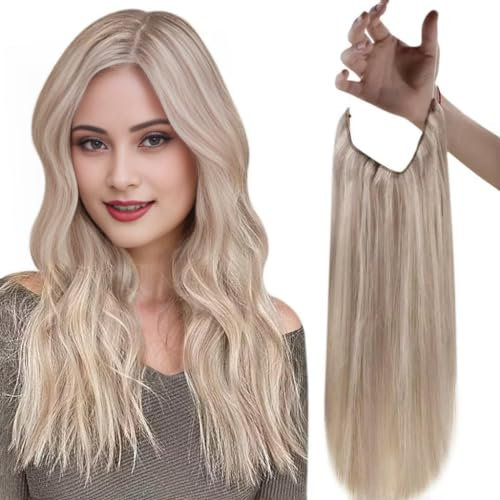 Easyouth Haarteile Echthaar Draht Fish Line Menschenhaar Unsichtbar 35 cm 70g Farbe Aschblond Mix Gelb Blond Adjustable Draht Hair Extensions Echthaar #18P613