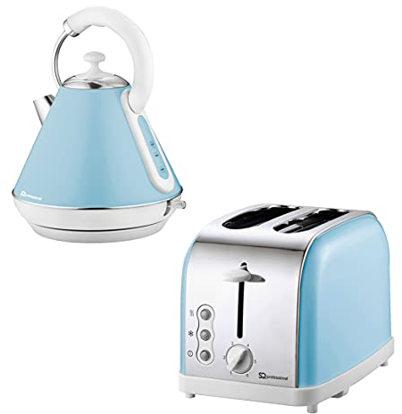 SQ Professional Kettle & Toaster Sets Rapid Boil Electric Kettle Stainless Steel Toaster 2 Slice 6 Browning Controls Defrost Reheat, Crumb Tray (Dainty Skyline Blue)