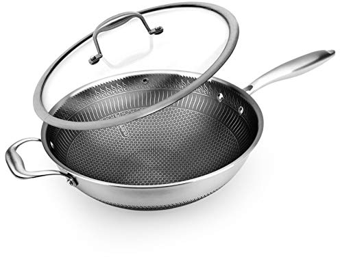 Nutrichef Wok Non Stick Pan with Glass Lid, Hex Frying Pan, Large Deep Stir Fry Pans, Stainless Steel Saute Pan for Induction Hob, Nonstick Hexclad Wok w/Honeycomb Pattern, Scratch-Resistant, 30cm