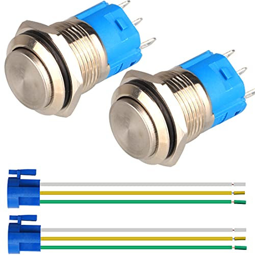 GUUZI 2pcs 19MM Verriegelnder Wasserdichter Edelstahl-Metalldruckknopfschalter 12V 24V 36 DC 110V 250V AC 3A 1NO+1NC SPST (Flacher Hoher Kopf)