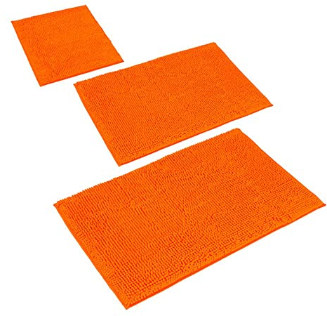 PANA 'Paris' Badeteppich-Set • Flauschige Vorleger für Badezimmer und WC • Chenille Badematte • Set: 45 x 45 cm ohne WC Ausschnitt + 50 x 80 cm + 70 x 120 cm • Farbe: Orange
