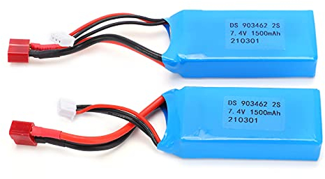 VGEBY Batterie Lipo, 2Pcs 7.4V 1500mAh Batteries au Lithium 15C T Plug Li-ION Batterie Rechargeable Accessoires d'aéromodélisme