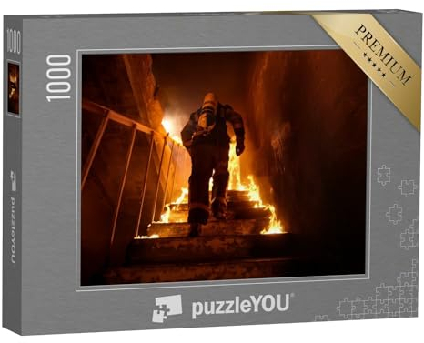 puzzleYOU: Puzzle 1000 Teile „Feuerwehrmann auf brennender Treppe“ – aus der Puzzle-Kollektion Feuerwehr