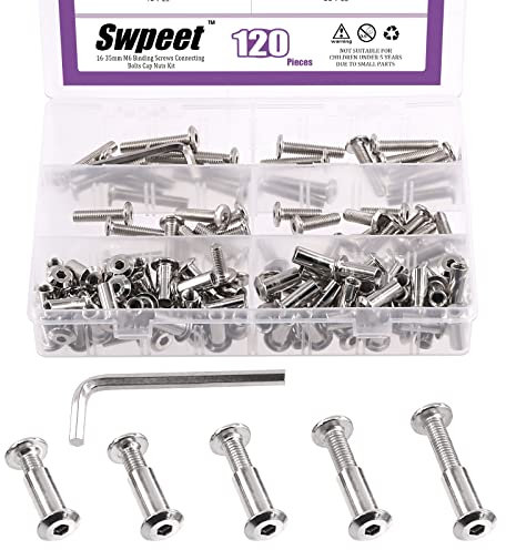 Swpeet Kit de tuercas de barril con llave Allen, 120 unidades, M6 x 16 mm, 20 mm, 25 mm, 30 mm, 35 mm, niquelado, para muebles, cinturón de cuenta, pernos de encuadernación de cuero